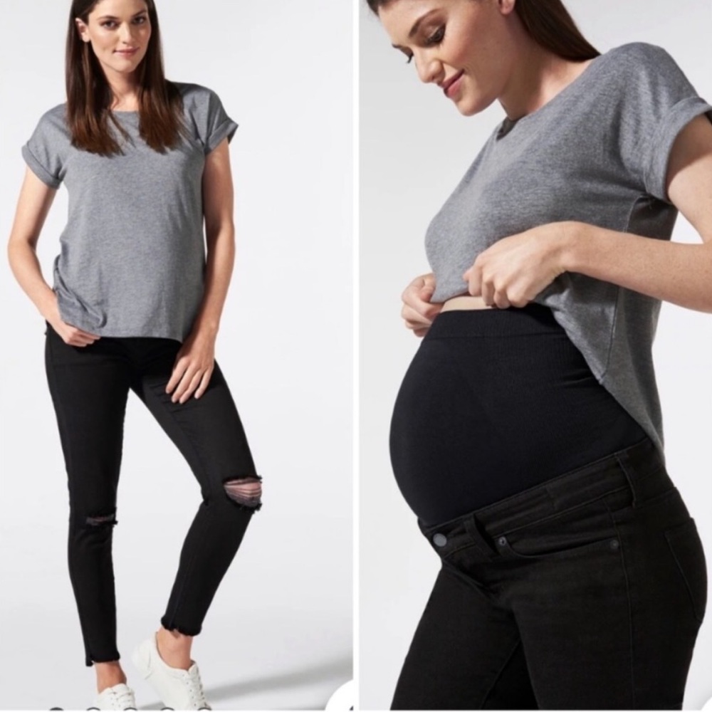 Blanqi Denim Black Distressed Raw Hem Belly Support Maternity Skinny Jean Size 6